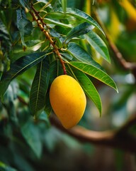 Ripe mangoes hanging from trees in a tropical garden, golden yellow and delicious.