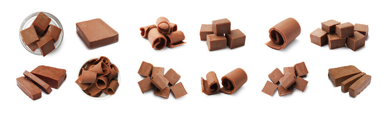 Chocolate butter isolated on white, set. Cubes, shavings and block