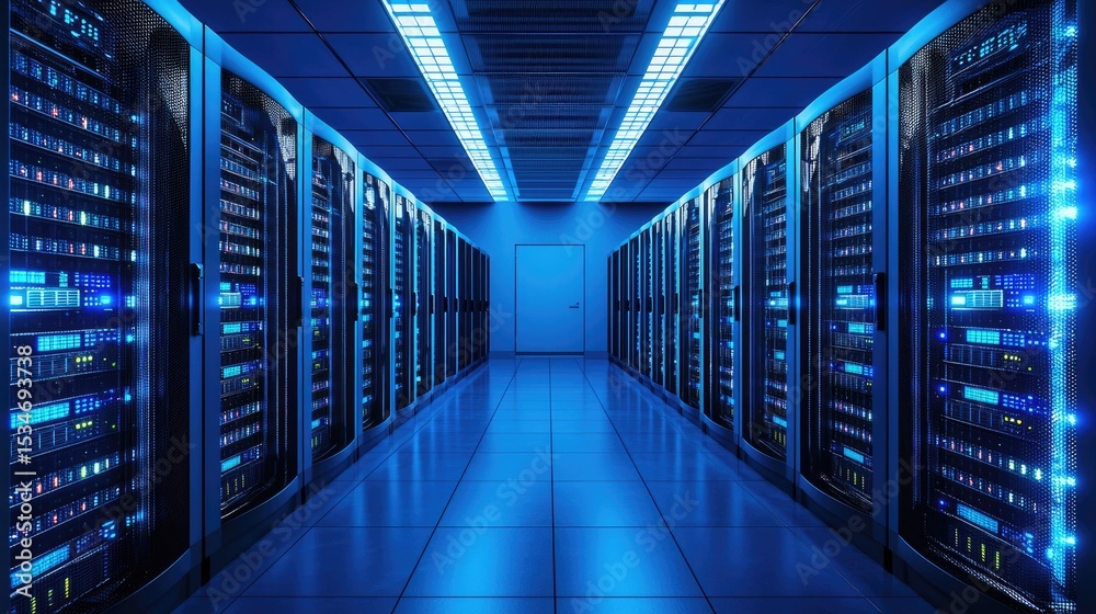 Poster Symmetrical high-tech server room with glowing blue racks and ceiling lights, perfect for cloud computing, data security visuals, and modern IT infrastructure concepts