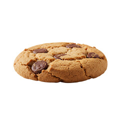 A chocolate chip cookie with several dark chocolate chips scattered across its surface set against a solid black background