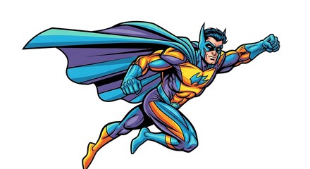 "Superhero Comic Character – Colorful Flying Pose Illustration on White"

