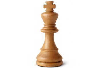 Polished wooden king chess piece standing on transparent background, representing strategy, leadership, and victory