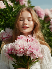 Naklejka premium woman with natural light hair color, a bouquet of pink peonies in her hands, she is calm and smiles slightly