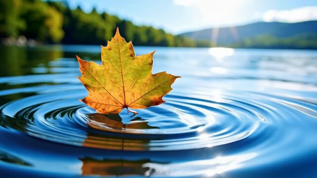 Close-up of a solitary maple leaf floating on tranquil lake water, creating concentric ripples under a bright sky and natural scenery