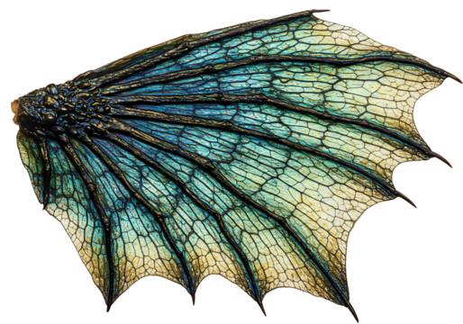A closeup of a bluegreen dragon wing against a black background