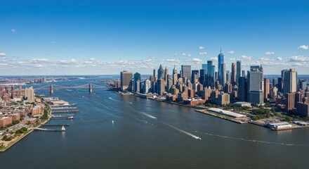 Obraz premium Aerial of new york city skyline and river urban landscape bright daylight scenic overview