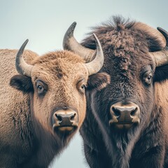 Two majestic bison with horns standing close