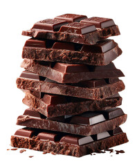A stack of dark chocolate pieces arranged on top of each other against a black background close up view