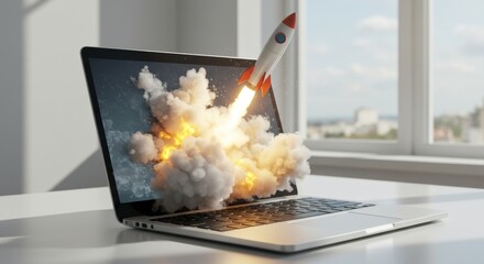 Rocket launching from laptop screen modern office bright environment dynamic viewpoint innovation concept