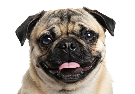 A fawn pug with a black face and ears smiles tongue slightly out against a solid black background