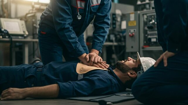 Medical professionals performing CPR on patient in industrial setting