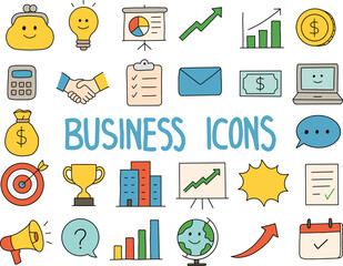 Hand drawn business icons Doodle collection, Business and Financial concepts.