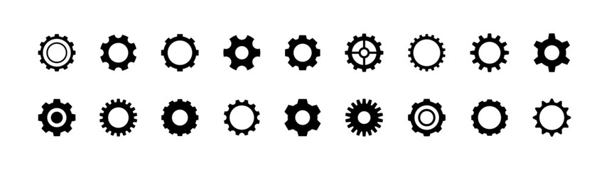 Collection of Black Gear Icons in Various Designs