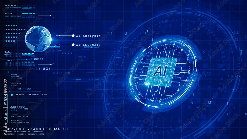 Poster artificial intelligence circuit interface with data analysis and global connectivity in blue digital