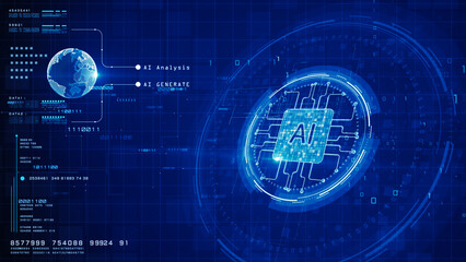Artificial Intelligence Circuit Interface with Data Analysis and Global Connectivity in Blue Digital Tech Motion Background 3d Rendering