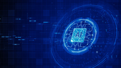 Artificial Intelligence Microchip with Circuit Lines and Binary Code in Futuristic Blue Digital Interface  3d Rendering