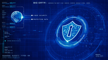 Futuristic cyber security interface with digital shield, binary code, and global network connection on a high-tech blue background. 3d Rendering