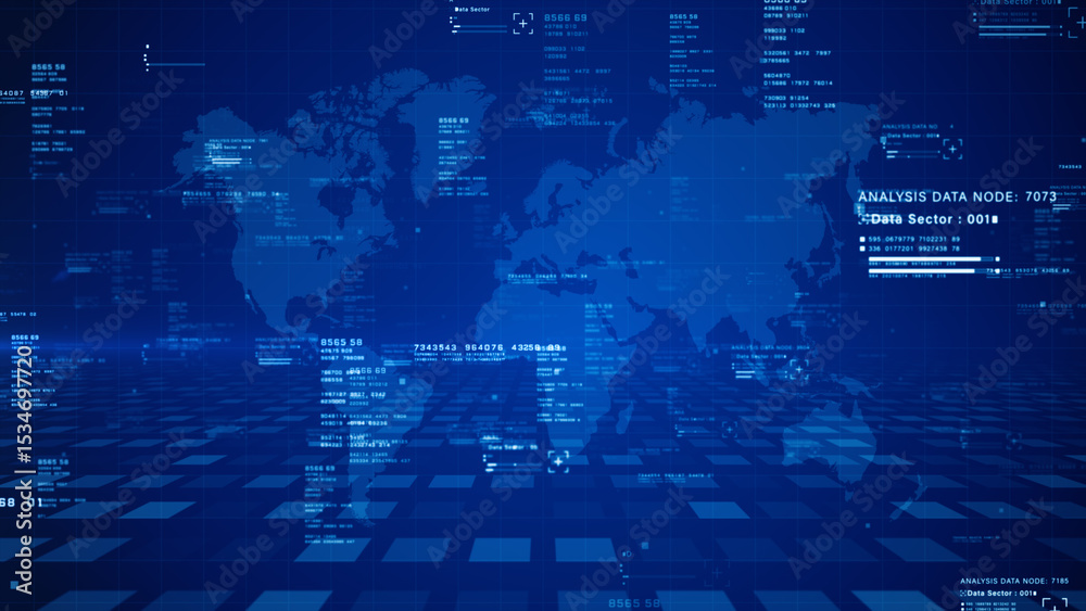Poster digital global network map with data nodes and technology interface for international cyber connecti