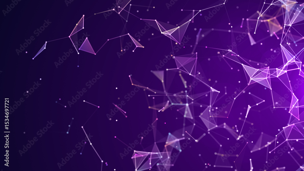 Poster purple abstract network background with geometric polygonal lines and glowing dots representing data