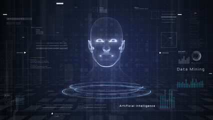 Digital AI face on virtual screen with futuristic data mining, big data charts, and analytics interface representing artificial intelligence and machine learning technology. 3d Rendering