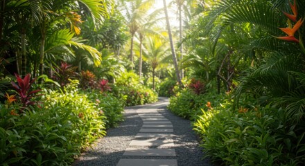 Obraz premium Walking path through lush tropical garden serene nature scene relaxing environment bright daylight peaceful concept