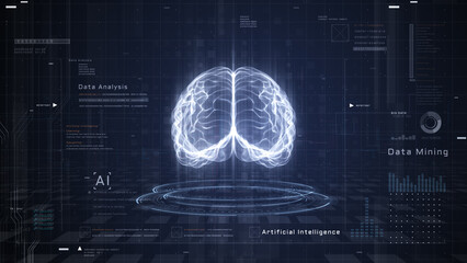 Futuristic Artificial Intelligence Brain with Data Mining, Big Data Analytics, and Neural Network Visualization on Digital Interface, Technology AI Concept Background 3d Rendering