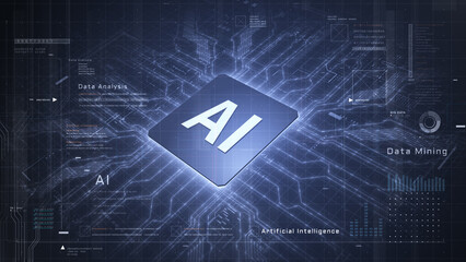 AI chip surrounded by digital circuits, data mining elements, and big data analytics, representing artificial intelligence and smart computing. Technology AI concept 3d Rendering