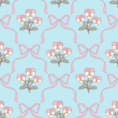 Seamless pattern with pansy  flower with pink bow on vivid blue background. Repeat wallpaper with Vintage Rococo floral and ribbon design.