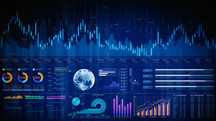 Global financial dashboard with charts, graphs, and a world map, investment analysis, trading performance, and market forecasting. Financial investment concept background 3d Rendering
