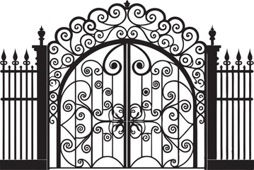 This collection of black and white images showcases various gate designs, ranging from simple entryways to more elaborate and decorative structures.