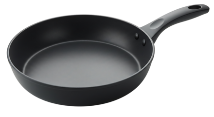 A gray frying pan with a long handle rests on a black background The pan is empty