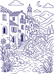 Village houses by river and bridge in outline style at night