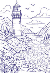 Lighthouse on rocky coast in outline style with ocean waves