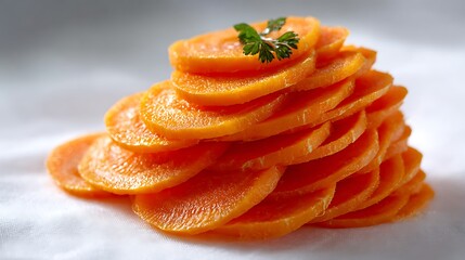 Stack of Thinly Sliced Carrots with Fresh Parsley Garnish