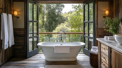 Fototapeta premium Serene Rustic Bathroom with Freestanding Bathtub and Open Window for Relaxation and Retreat