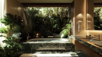 Luxurious Tropical Bathroom with Marble Countertop and Ambient Lighting