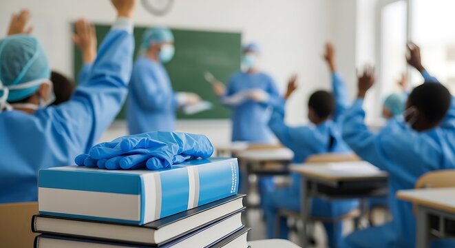 Medical Students in Classroom with Raised Hands - Powered by Adobe