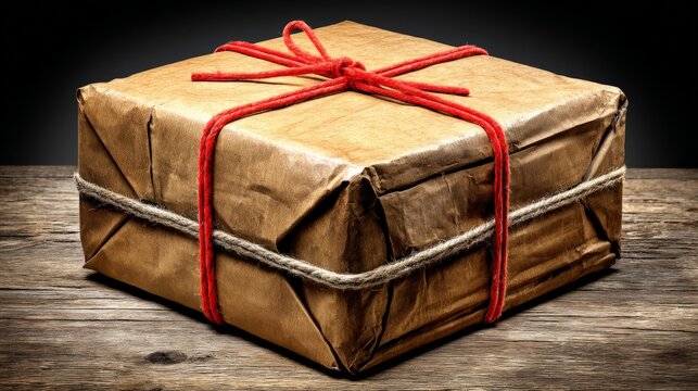 A wrapped gift box with brown paper and red string on a wooden surface
