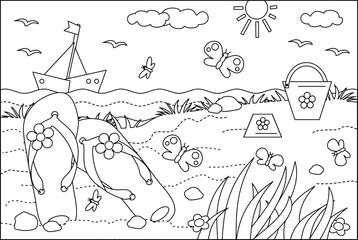 Coloring page. Summer vacation beach scene, flip-flops, boat, toy buckets. 
