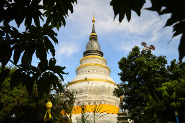 White Pagoda in the Evening, Lanna Architecture, Symbols of Buddhism, South East Asia at Ket Karam temple, Mueang Chiang Mai, Chiang Mai, Northern Thailand