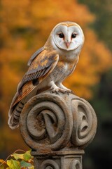 Tawny owl perched on ornate stone column, autumnal backdrop