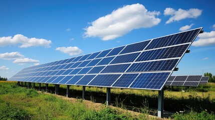 Solar panel installation on a sunny day with blue sky and clouds in the background, renewable energy technology concept