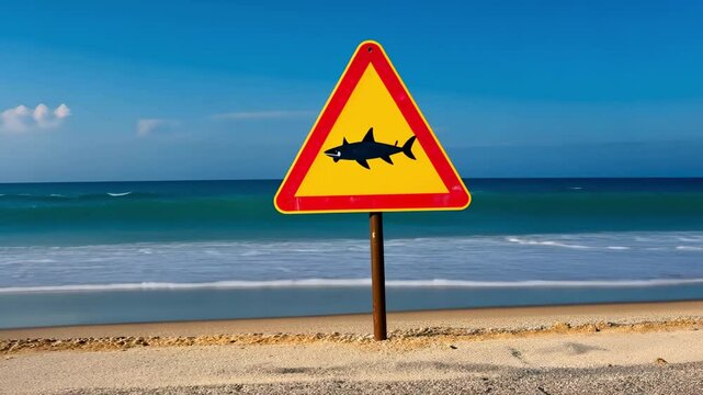 Shark warning sign on a sandy beach with ocean waves, Shark sign on a popular beach, Understanding shark warnings and ocean risks, 4K Video
