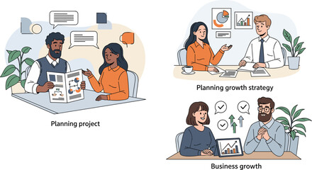 Illustration set showing professionals collaborating on project planning, growth strategy development, and celebrating successful business performance