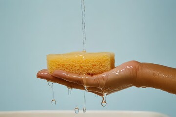 A close-up view of a yellow sponge held in a hand water flowing.