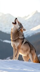 Fototapeta premium Gray wolf howls at snowy mountain peak