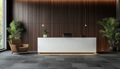 Modern lobby reception desk with wood paneling