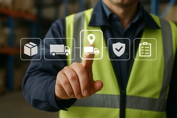 A worker's hand interacts with a modern supply chain interface, with visual elements symbolizing shipping, tracking, and secure delivery.