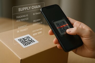 Scanning a QR code on a package with a smartphone to track a supply chain shipment. The tracking information is displayed in a futuristic user interface. 