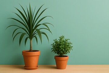 plant in a pot with teal background adn wooden floor